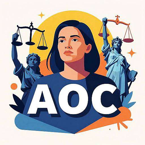 Digital illustration of a serious woman with black hair, surrounded by stylized Statues of Liberty holding scales, and bold 