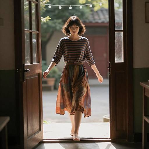 Serious Young Woman Stepping Outside