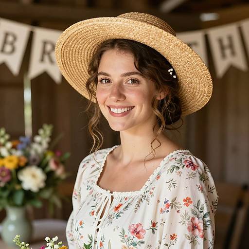 Photograph of a smiling young woman with wavy brown hair, wearing a straw hat and floral white blouse, in a rustic, sunlit barn with