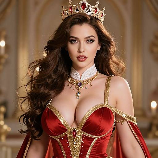 Photorealistic image of a fair-skinned woman with long brown hair, wearing a gold crown, red velvet corset with gold trim, and white