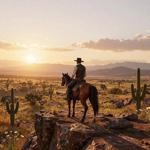 Photograph of a cowboy in a hat and vest, riding a horse on a rocky desert landscape at sunset, with cacti and mountains in the