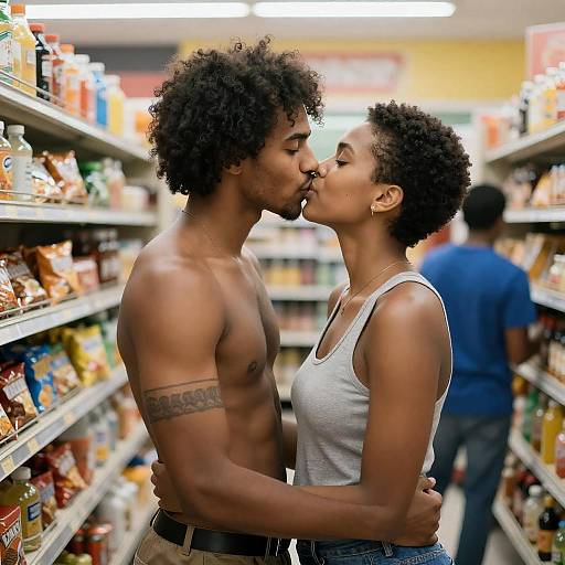 Shirtless Man Kisses Woman in Convenience Store