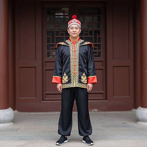 Photograph of an Asian man in traditional black Chinese attire with red trim and gold patterns, wearing a red hat, standing in front of a red wooden