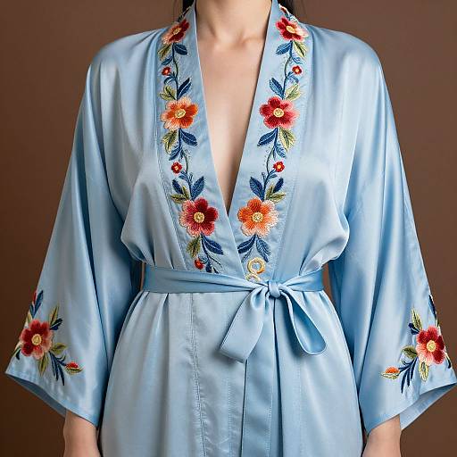 Photograph of a woman in a light blue, floral-embroidered kimono with a deep V-neck, tied at the waist, against a