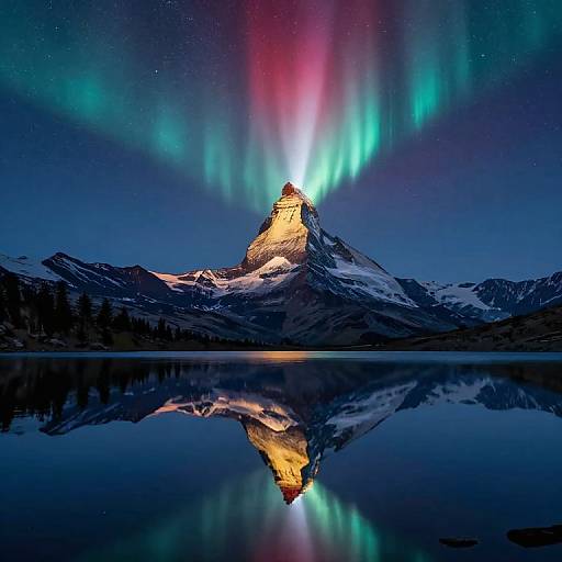 Photograph of a snow-capped mountain illuminated by colorful auroras, reflected in a still, dark blue lake under a starry night sky.