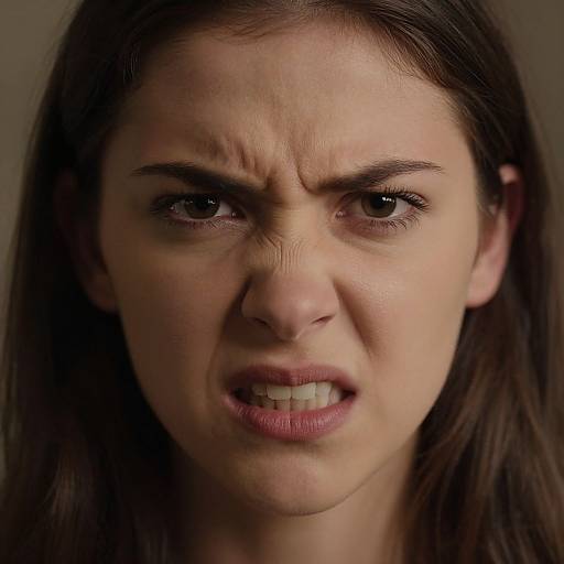 Close-up photograph of a young woman with brown hair, furrowed brows, and clenched teeth, showing an angry or frustrated expression.