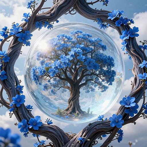 Digital art of a blue-flowered tree within a spherical lens, framed by twisted branches with blue flowers, reflecting a bright sky.
