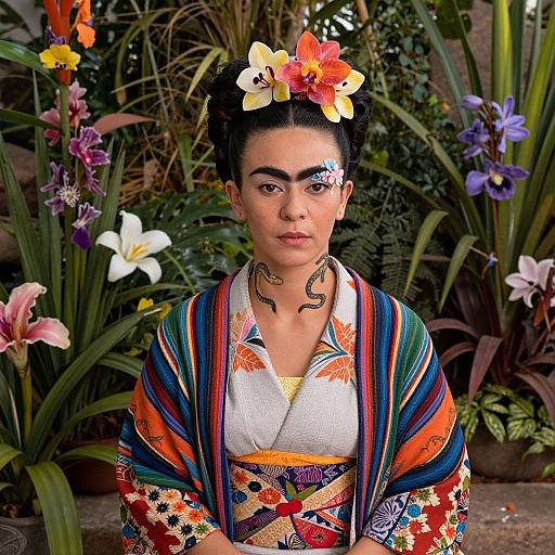 Photograph of a young woman with dark hair adorned with flowers, wearing a colorful, patterned traditional Mexican dress, standing in a vibrant garden filled with