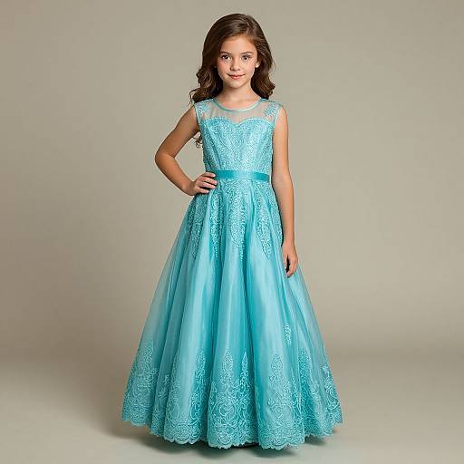 Photograph of a young girl with long brown hair, wearing a light blue, sleeveless, lace, and tulle princess-style dress, standing against