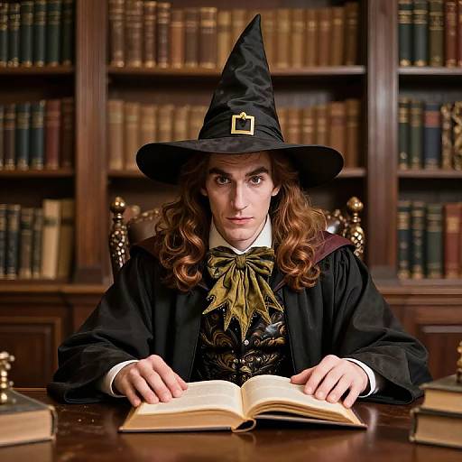 Wizard Reading Book in Library