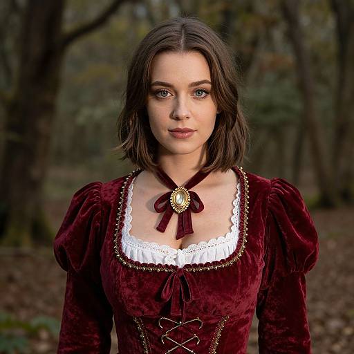 Photograph of a young woman with fair skin and blue eyes, wearing a deep red velvet Renaissance-style dress with white lace trim, and a burgundy