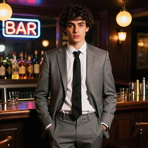 Photograph of a young man with curly black hair in a grey suit, white shirt, and black tie, standing confidently in a dimly lit bar