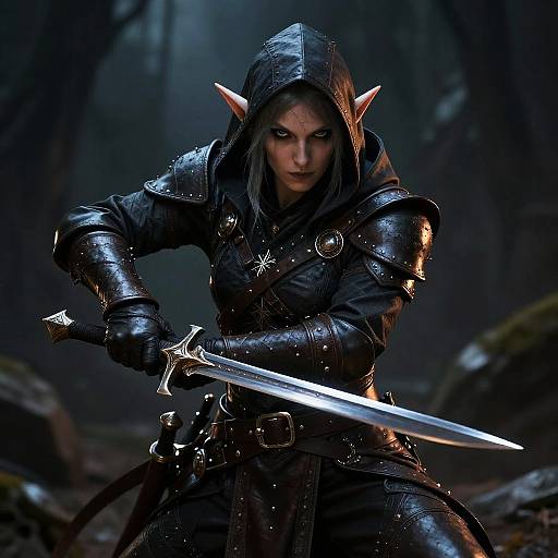 CGI fantasy image of a fierce, elf-eared warrior with pointed ears, dark leather armor, and a glowing sword, standing in a foggy