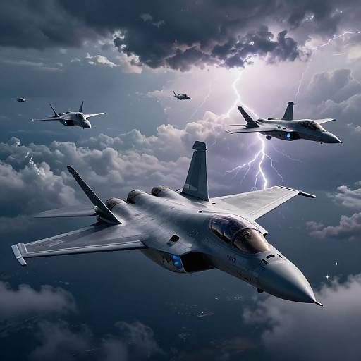 Photorealistic digital artwork of four F-16 fighter jets flying in a stormy sky with bright lightning, clouds, and dramatic lighting.
