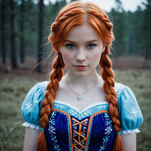 Young Woman in Disney Frozen Anna Dress with Twin Braids