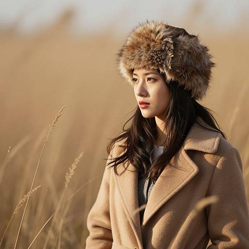Asian woman with long black hair, wearing a fur-trimmed hat and beige coat, stands in a golden grass field. Photograph.