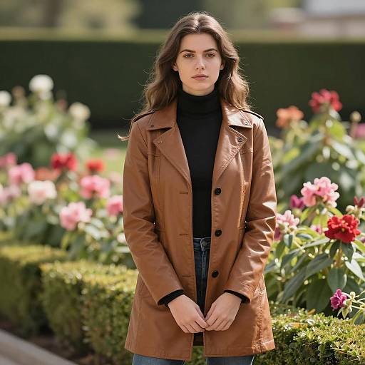 Young Woman in Tan Leather Coat in Garden