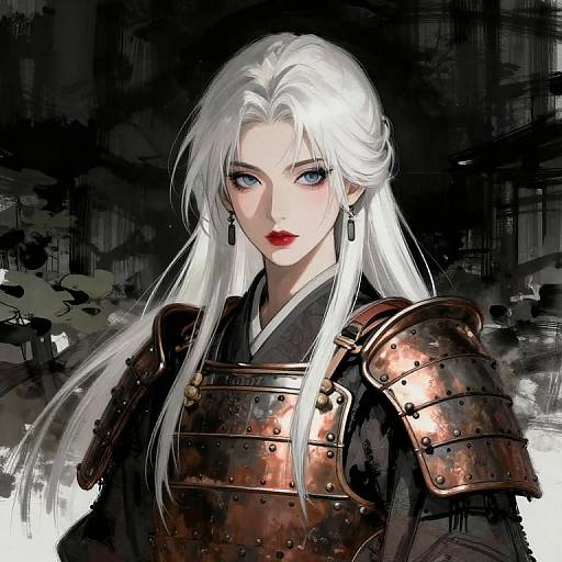 Digital illustration of a fierce, white-haired woman with blue eyes, wearing brown, copper-accented armor, against a dark, abstract background. Her