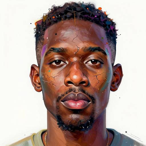 Digital portrait of a young Black man with short curly hair, cracked skin texture, and subtle purple highlights, wearing a white shirt.