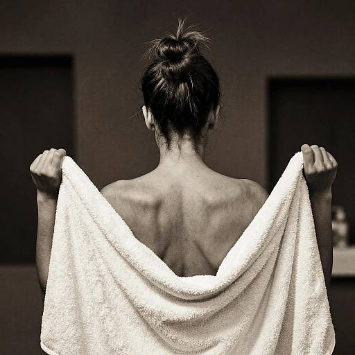 Black-and-white photograph of a person with their back to the camera, holding a white towel over their shoulders, with messy bun hairstyle, in a dim