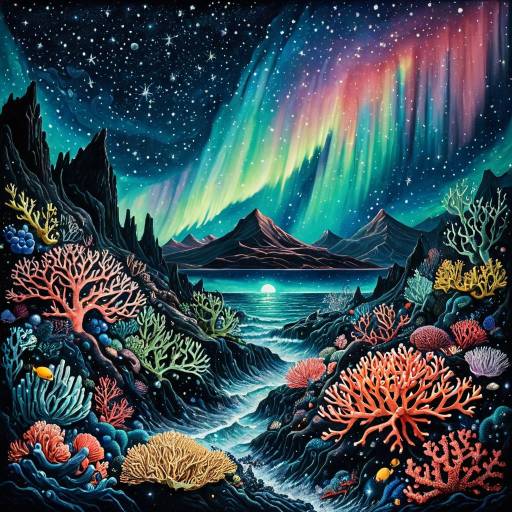 Cosmic Coral Reef Under Aurora Sky
