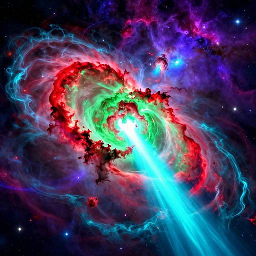 Photograph of a vibrant nebula with swirling red, green, and blue gases, bright white core, and cosmic dust against a dark, star-spe