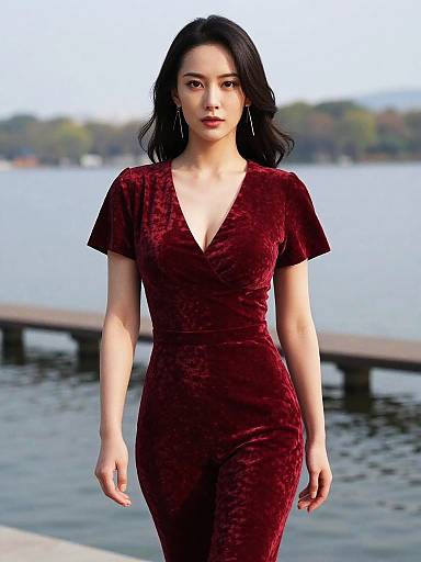 Photograph of an Asian woman with long black hair, wearing a deep red velvet dress with a V-neck, standing confidently by a lake with a blurred