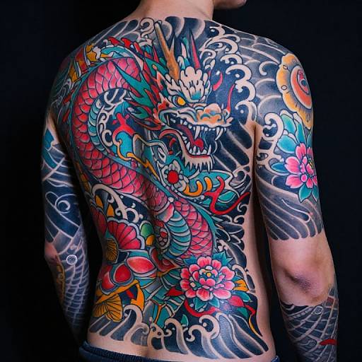 Photograph of a man's back with vibrant, colorful traditional Japanese dragon tattoo, featuring red scales, blue waves, and pink flowers.
