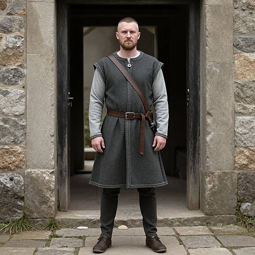Photograph of a bearded man with short hair, wearing a medieval-style black dress with gray long sleeves, brown belt, and brown shoes, standing