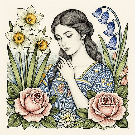 Intricate digital illustration of a woman with long dark hair, wearing a blue patterned dress, surrounded by roses, daffodils, and