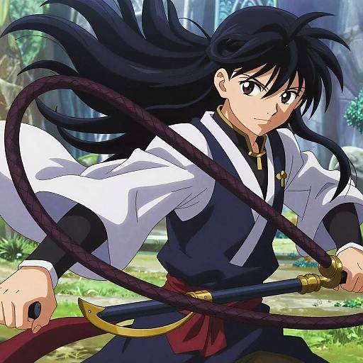 Anime-style drawing of a determined black-haired warrior with long hair, wearing a white and black outfit, gripping a sword with a red rope, in a