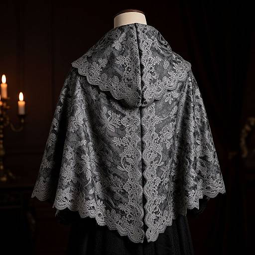 Photograph of an elaborate, dark blue lace shawl with intricate white floral patterns, displayed on a white mannequin against a dark, candlelit