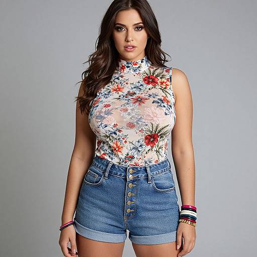 Photograph of a curvy woman with long dark hair, wearing a floral sleeveless top and high-waisted button-fly denim shorts, standing against