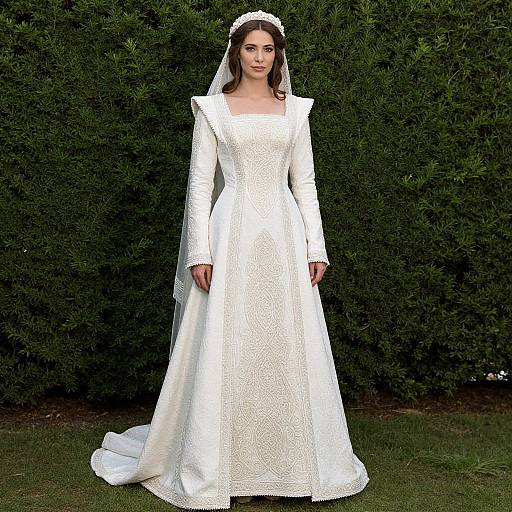 Photograph of a young woman in a white, long-sleeved, lace wedding dress with a veil, standing in front of a dark green hedge