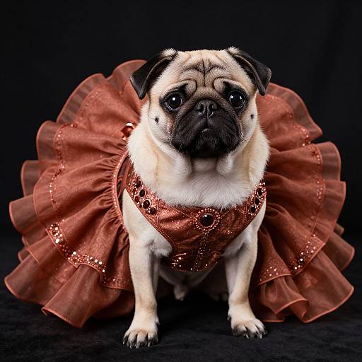Photograph of a pug wearing a red, sequined, ruffled dress with a matching bandana, sitting against a black background.
