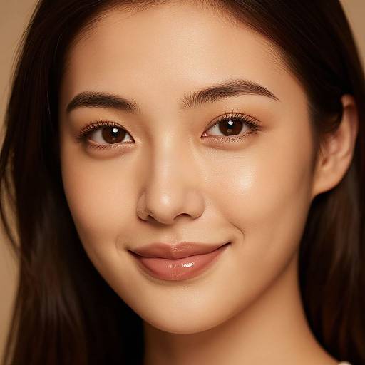 Close-up photograph of an Asian woman with smooth, fair skin, dark brown eyes, and long black hair, smiling softly with glossy pink lips. Warm