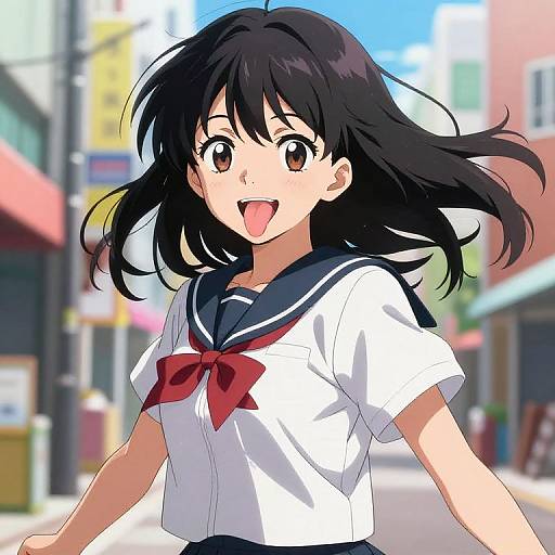 Mischievous Anime Schoolgirl in Urban Scene