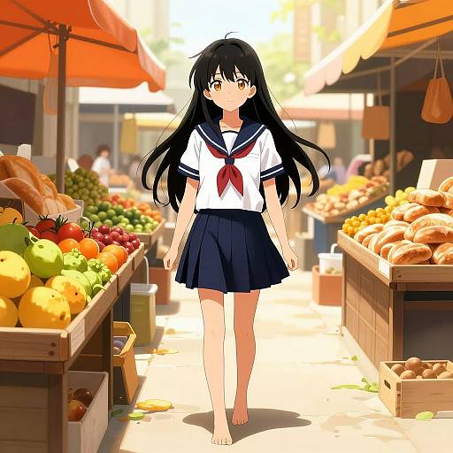 Anime Girl in Vibrant Market Scene