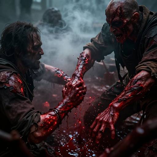 Photorealistic digital artwork: Two blood-soaked, grimy, bald, zombie-like warriors fiercely grip each other's bloody arms in a smoky