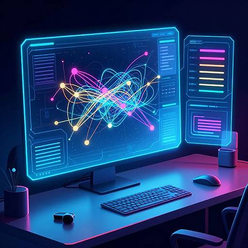 Neon-lit computer setup: dual glowing monitors displaying colorful, luminous abstract data plots on a dark desk with keyboard, mouse, and potted