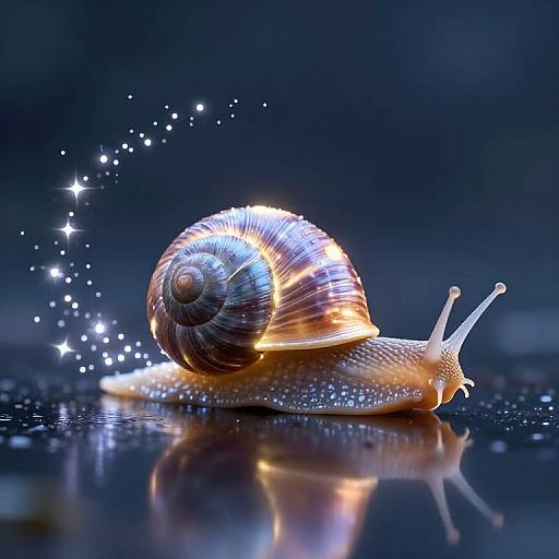 Glowing snail with sparkling trail and illuminated shell on a reflective blue surface, set against a dark, magical background.