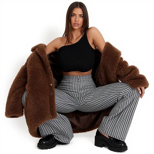 Photograph of a confident woman with long brown hair, wearing a black crop top, black and white striped pants, and a brown fuzzy coat, sitting