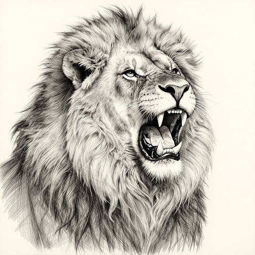 Black and white digital drawing of a roaring male lion with a detailed, textured mane and fierce expression, set against a plain white background.