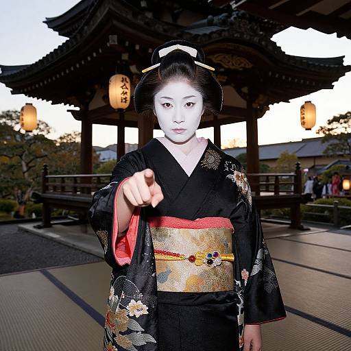 Photograph of an East Asian woman in a black floral kimono with red and gold obi, pointing forward, standing in front of a traditional Japanese