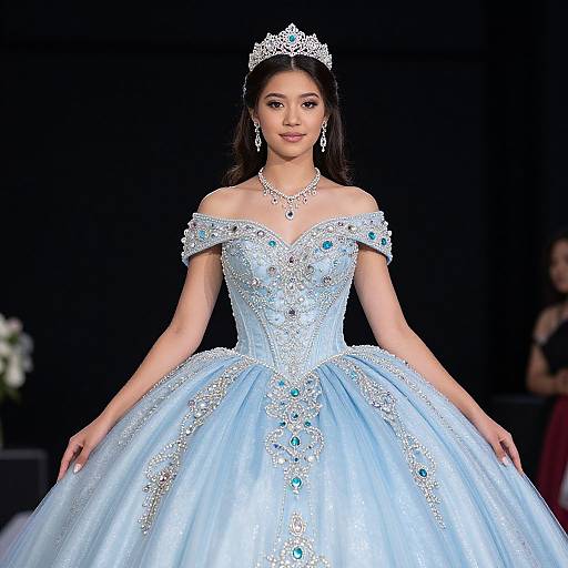 Asian woman in a light blue, off-shoulder, intricately beaded ball gown with a silver tiara, walking down a black-lit