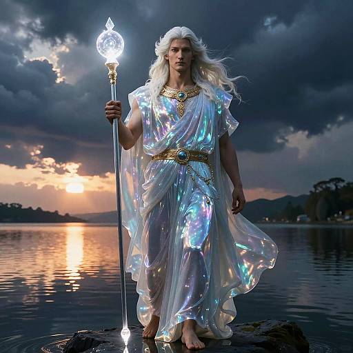 Serene Zeus with Glowing Scepter by Tranquil Lake
