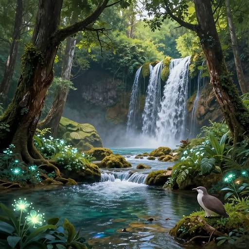 Serene Magical Forest Waterfall Scene