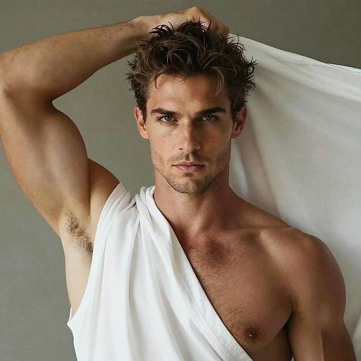 Photograph of a muscular, handsome, shirtless man with tousled brown hair, wearing a white toga-like cloth, holding it above his head