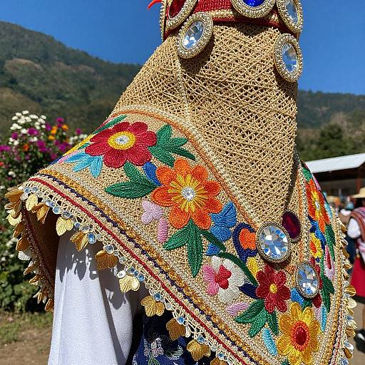 Close-up photograph of a colorful, intricately embroidered, lace-trimmed ceremonial hat, featuring vibrant flowers and beads, against a mountainous, sunny