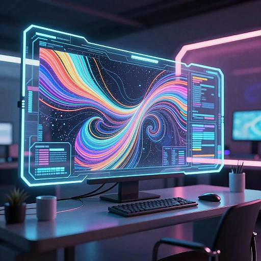 Neon-lit computer monitor displaying vibrant, colorful, swirling patterns on a dark background, set on a modern, dimly-lit desk.